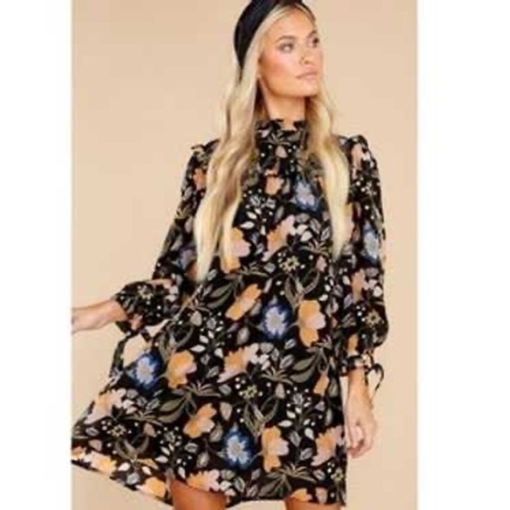 Olivia James The Label Anthropologie Black Floral Ruffle High Neck Mini Dress XS